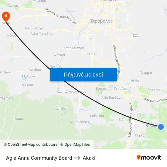 Agia Anna Community Board to Akaki map