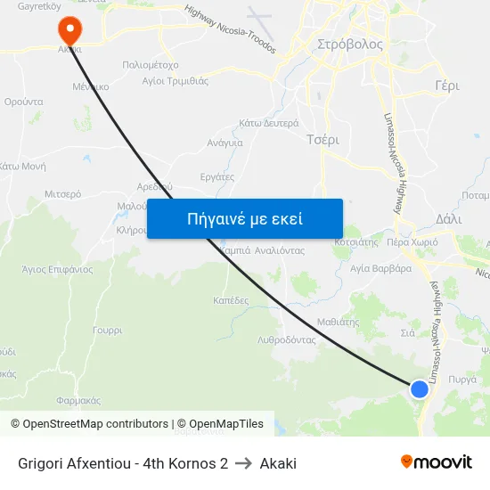 Grigori Afxentiou - 4th Kornos 2 to Akaki map