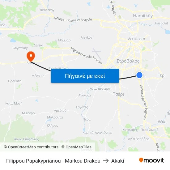 Filippou Papakyprianou - Markou Drakou to Akaki map