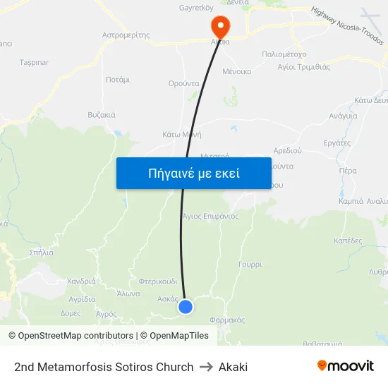 2nd Metamorfosis Sotiros Church to Akaki map
