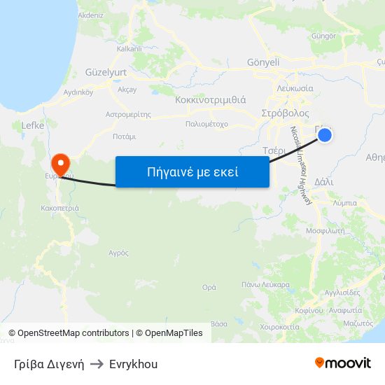 Γρίβα Διγενή to Evrykhou map