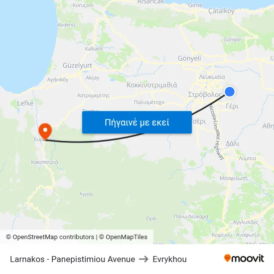 Larnakos - Panepistimiou Avenue to Evrykhou map