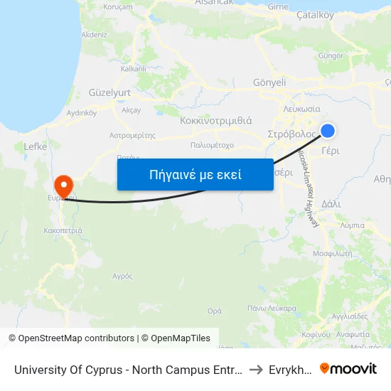 University Of Cyprus - North Campus Entrance to Evrykhou map