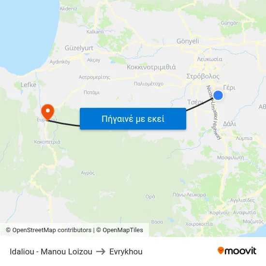 Idaliou - Manou Loizou to Evrykhou map