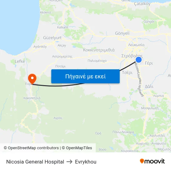 Nicosia General Hospital to Evrykhou map