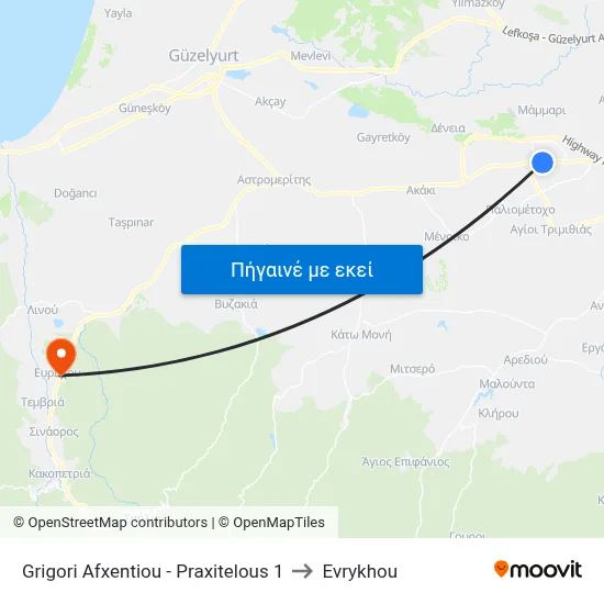 Grigori Afxentiou - Praxitelous 1 to Evrykhou map