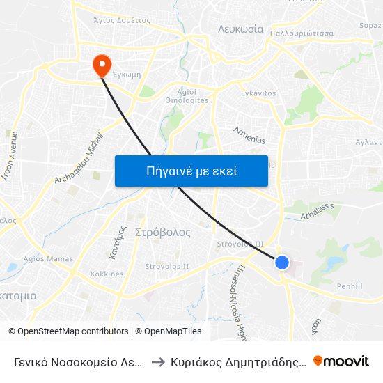 Γενικό Νοσοκομείο Λευκωσίας to Κυριάκος Δημητριάδης Md Msc map