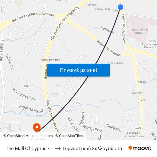The Mall Of Cyprus - Βεργίνας to Γυμναστικού Συλλόγου «Τα Παγκύπρια» map