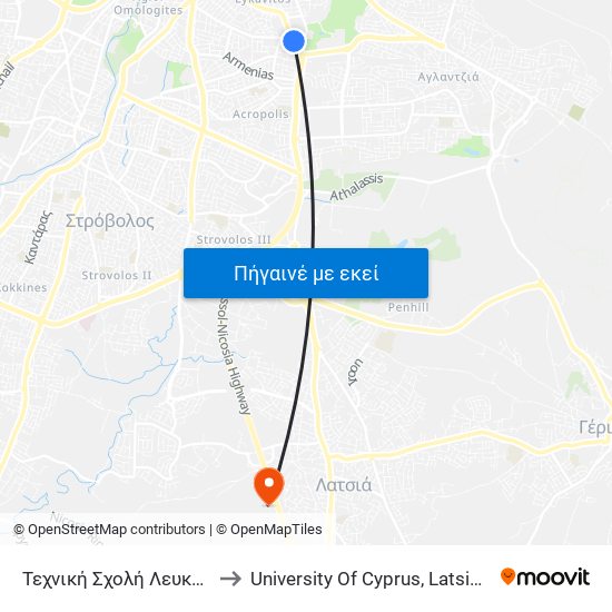 Τεχνική Σχολή Λευκωσίας to University Of Cyprus, Latsia Annex map