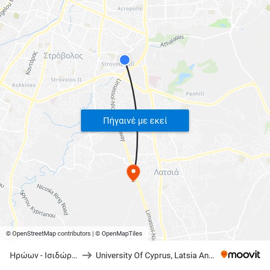Ηρώων - Ισιδώρου to University Of Cyprus, Latsia Annex map