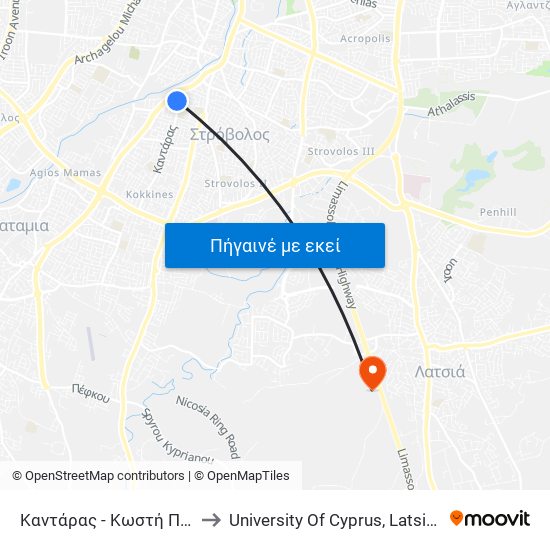 Καντάρας - Κωστή Παλαμά to University Of Cyprus, Latsia Annex map