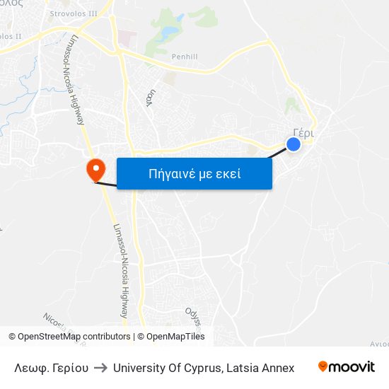 Λεωφ. Γερίου to University Of Cyprus, Latsia Annex map