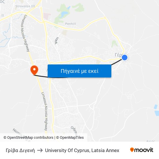 Γρίβα Διγενή to University Of Cyprus, Latsia Annex map