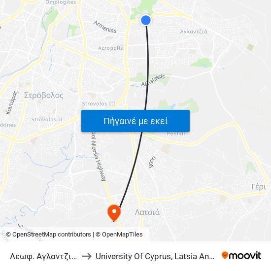Λεωφ. Αγλαντζιάς to University Of Cyprus, Latsia Annex map