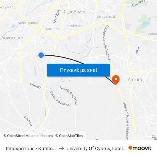 Ιπποκράτους - Καππαδοκίας to University Of Cyprus, Latsia Annex map
