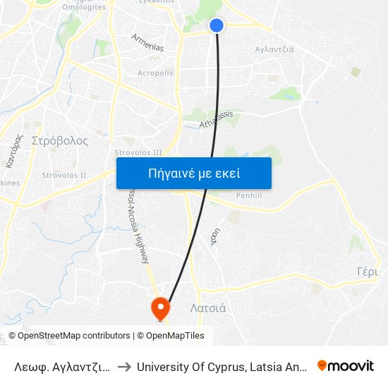Λεωφ. Αγλαντζιάς to University Of Cyprus, Latsia Annex map