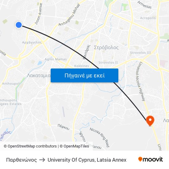 Παρθενώνος to University Of Cyprus, Latsia Annex map