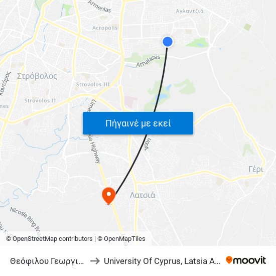 Θεόφιλου Γεωργιάδη to University Of Cyprus, Latsia Annex map