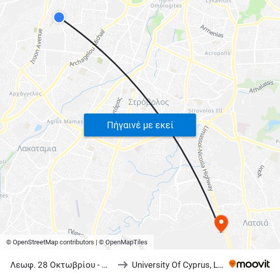 Λεωφ. 28 Οκτωβρίου - Μεσολογγίου to University Of Cyprus, Latsia Annex map