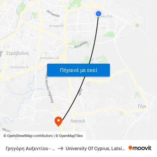 Γρηγόρη Αυξεντίου to University Of Cyprus, Latsia Annex map