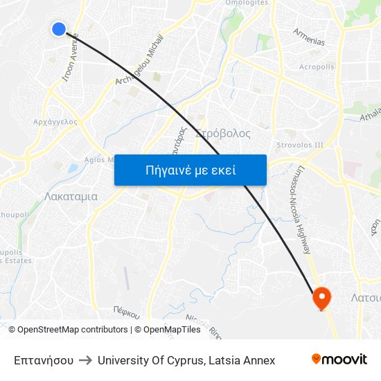 Επτανήσου to University Of Cyprus, Latsia Annex map