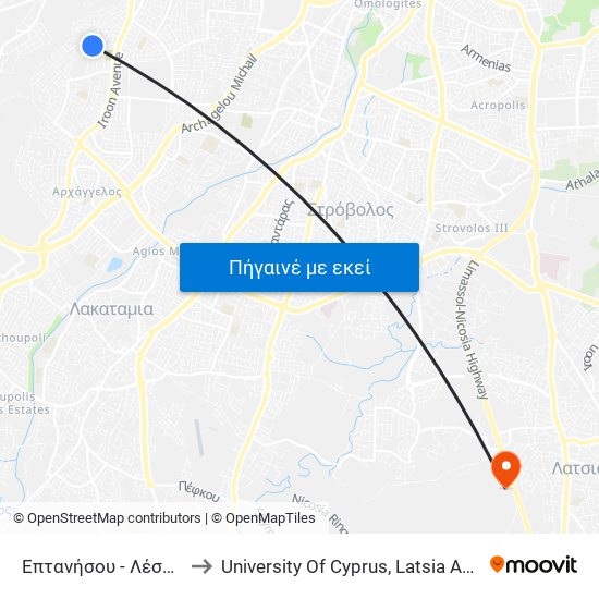 Επτανήσου to University Of Cyprus, Latsia Annex map