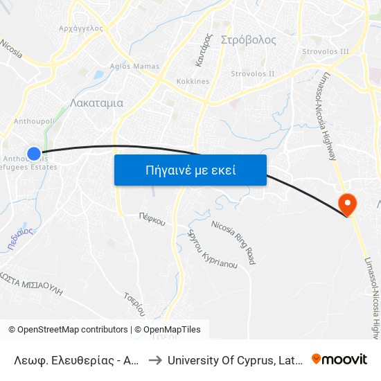 Λεωφ. Ελευθερίας - Ανδριανής to University Of Cyprus, Latsia Annex map