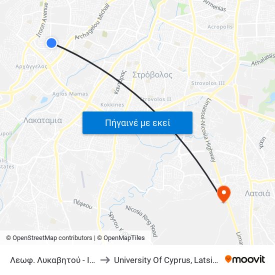Λεωφ. Λυκαβητού - Ιθάκης to University Of Cyprus, Latsia Annex map
