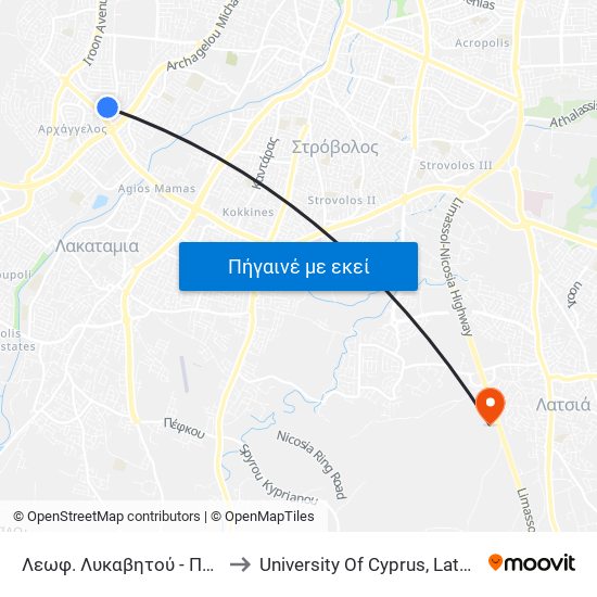 Λεωφ. Λυκαβητού - Πρεβέζης to University Of Cyprus, Latsia Annex map