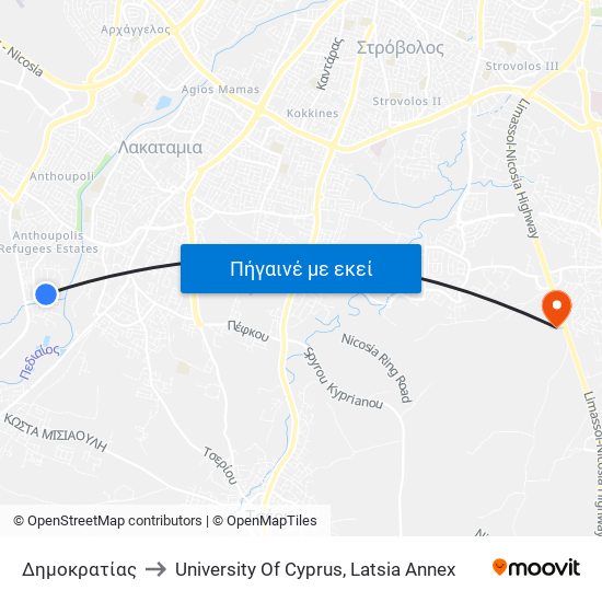 Δημοκρατίας to University Of Cyprus, Latsia Annex map