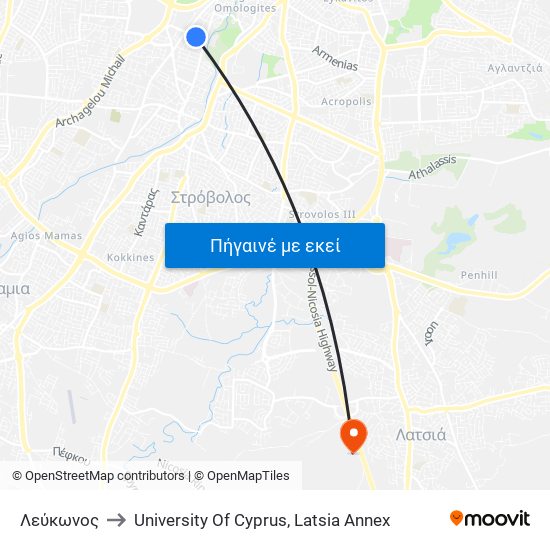 Λεύκωνος to University Of Cyprus, Latsia Annex map