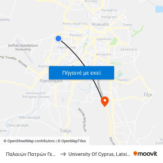 Παλαιών Πατρών Γερμανού to University Of Cyprus, Latsia Annex map