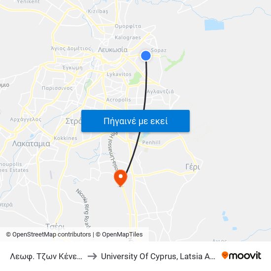 Λεωφ. Τζων Κένεντυ to University Of Cyprus, Latsia Annex map