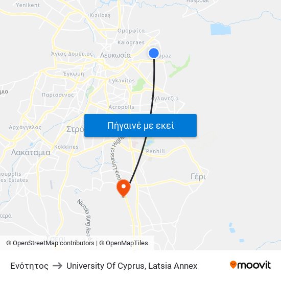 Ενότητος to University Of Cyprus, Latsia Annex map