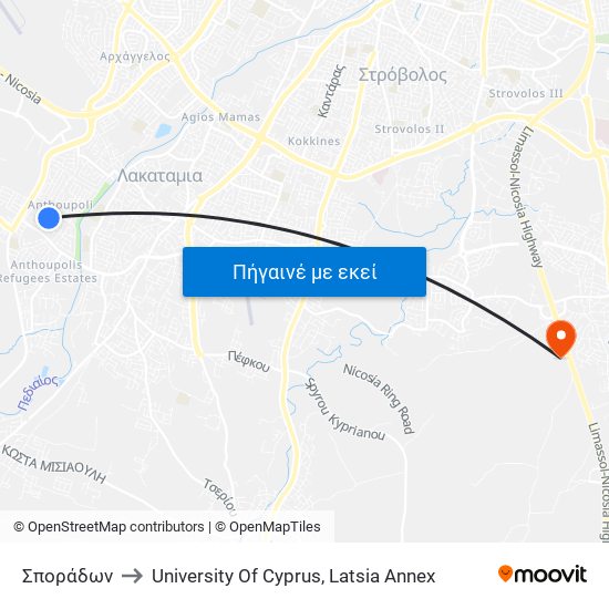 Σποράδων to University Of Cyprus, Latsia Annex map