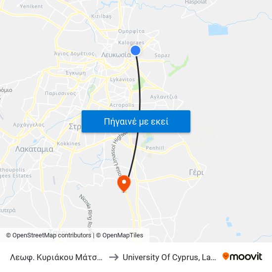 Λεωφ. Κυριάκου Μάτση - Αιακού to University Of Cyprus, Latsia Annex map