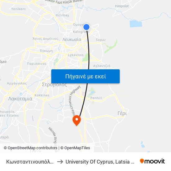 Κωνσταντινουπόλεως to University Of Cyprus, Latsia Annex map
