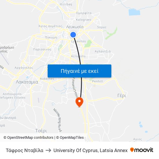 Τάφρος Νταβίλα to University Of Cyprus, Latsia Annex map