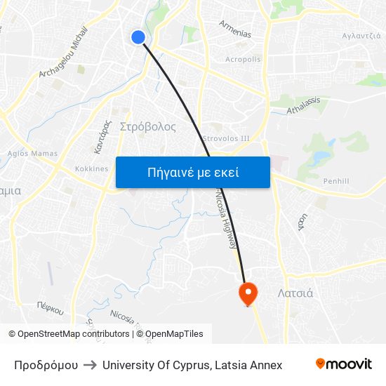 Προδρόμου to University Of Cyprus, Latsia Annex map