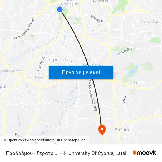 Προδρόμου to University Of Cyprus, Latsia Annex map