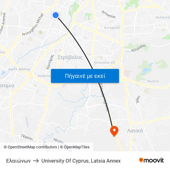 Ελαιώνων to University Of Cyprus, Latsia Annex map