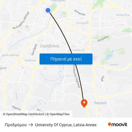 Προδρόμου to University Of Cyprus, Latsia Annex map