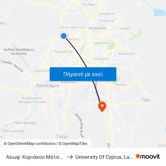 Λεωφ. Κυριάκου Μάτση - Γραβιάς to University Of Cyprus, Latsia Annex map