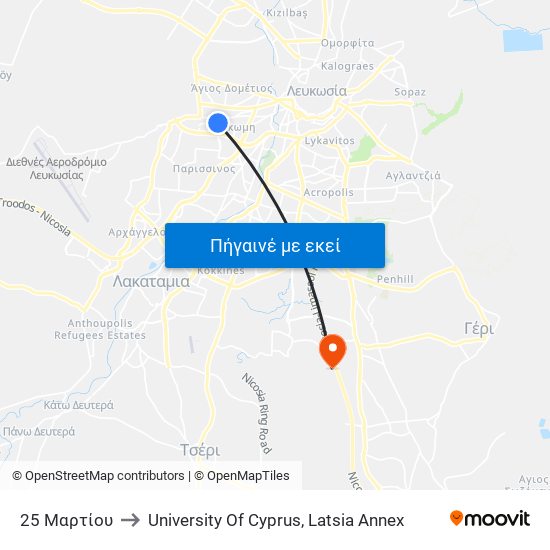 25 Μαρτίου to University Of Cyprus, Latsia Annex map