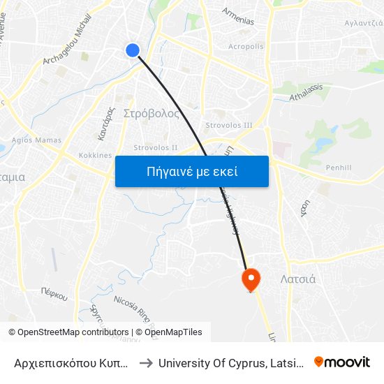 Αρχιεπισκόπου Κυπριανού to University Of Cyprus, Latsia Annex map