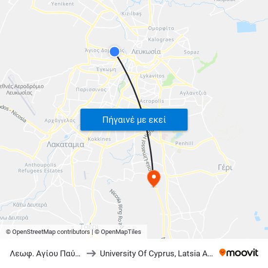 Λεωφ. Αγίου Παύλου to University Of Cyprus, Latsia Annex map
