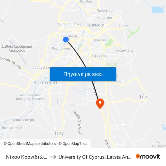 Νίκου Κρανιδιώτη to University Of Cyprus, Latsia Annex map
