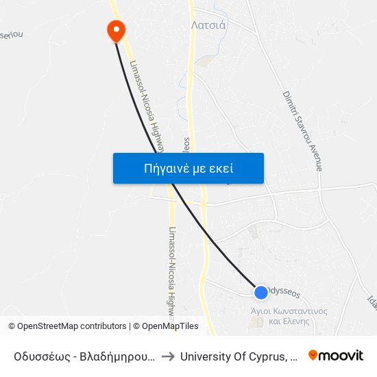 Οδυσσέως to University Of Cyprus, Latsia Annex map