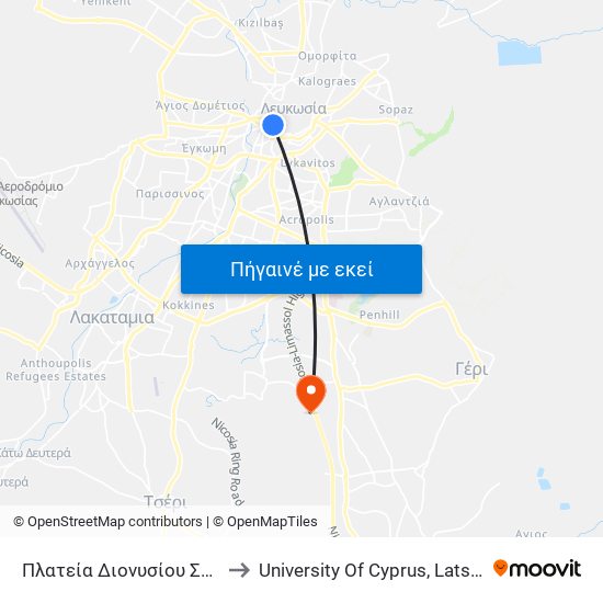 Πλατεία Διονυσίου Σολωμού to University Of Cyprus, Latsia Annex map