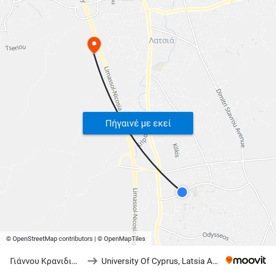 Γιάννου Κρανιδιώτη to University Of Cyprus, Latsia Annex map